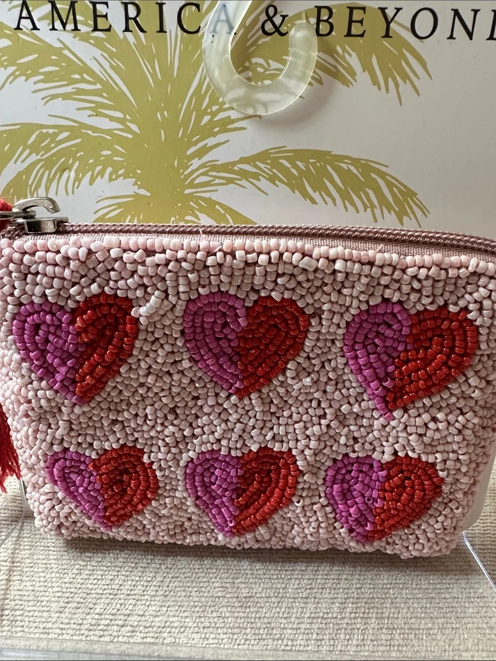 Pink Beaded Heart Zip Pouch